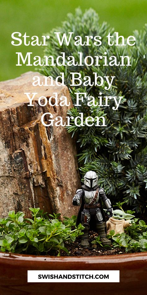 Mando and Grogu (Baby Yoda) featured in a woodsy miniature garden Mandalorian Crafts, 4h Fair, Kids Fairy Garden, Vermont House, Fairy Garden Containers, Fairy Garden Pots, Star Wars Crafts, Star Wars Mandalorian, Star Wars Diy