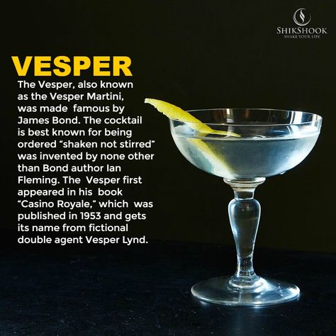 | Vesper | The Vesper, also known as the Vesper Martini, was made famous by James Bond. The cocktail is best known for being ordered “shaken not stirred” was invented by none other than Bond author Ian Fleming. The Vesper first appeared in his book “Casino Royale,” which was published in 1953 and gets its name from fictional double agent Vesper Lynd.  _________ Visit our website for cocktail recipes:  🌐 website: http://shikshook.com/ 🛍 Visit our store: https://amzn.to/2Itogda Shaken Not Stirred James Bond, Cocktail Cupboard, Vesper Lynd, James Bond Theme Party, Vesper Martini, James Bond Theme, Frozen Drink, Driveway Lighting, Shaken Not Stirred