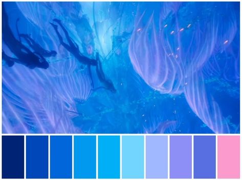 Water Color Pallete Blue, Deep Sea Colour Palette, Cyan Blue Color Palette, Ocean Color Palettes, Ocean Pallet Color, Avatar Color Palette, Deep Ocean Color Palette, Jellyfish Color Palette, Deep Sea Color Palette