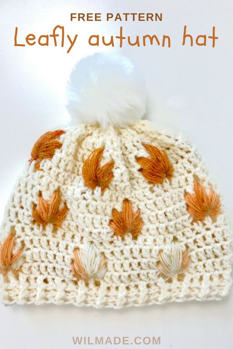 Free #crochet pattern to make this Leafly #autumn #hat on wilmade.com (including a video tutorial) Free Form Crochet, Leaf Hat, Autumn Hat, Crocheted Hat, Crochet Hat Free, Crochet Knit Hat, Crochet Beanie Hat, Crochet Beanie Pattern, Crochet Fall