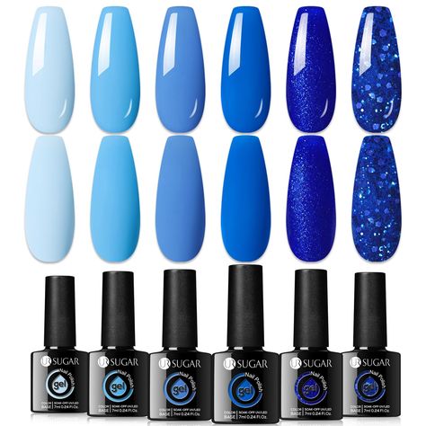 PRICES MAY VARY. 【6 Blue Colors Gel Nail Polish Set】 - UR SUGAR blue gel nail polish set, 7ml(0.24oz) each bottle. Includes Baby blue, Sky blue, Royal blue, Dark blue, Glitter blue, Sequin blue. Elegant shades of blue suitable for all year round. 【Ideal Gift for Her】 - UR SUGAR blue gel nail polish set comes with a gift box, it will be a nice gift for birthday, party or holidays, like Christmas, New Year, Valentine's Day, Mother's Day, Halloween and Thanksgiving Day , get ready for all seasons ! Blue Dnd Gel Polish, Blue Dip Nails, Shades Of Blue Nails, Manicure Essentials, Kids Nail Polish, Blue Gel Nails, Navy Blue Nails, Blue Toes, Blue Gel