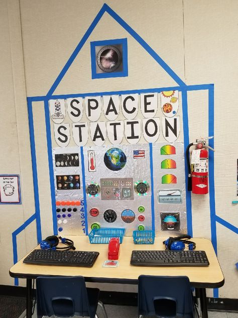 Space station Space Station Classroom Center Ideas, Aistear Space Theme, Preschool Outer Space Dramatic Play, Space Shuttle Dramatic Play, Space Area Preschool, Daycare Space Theme, Space Theme Preschool Dramatic Play, Space Station Kindergarten, Space Daycare Theme