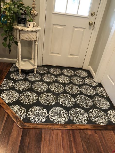 Hate your tiles? Paint them! I couldn’t stand looking at my front entry way (the tiles were a ugly brown), now I can’t stop staring! Used:: Chalk paint (charcoal, linen white) Stenciled (home depot) Top coated (matte clear coat, 3 times) One of my favorite house projects I have done! #stencils #chalkpaint #rustic #farmhouse #decor #hobbylobby stenciling tile floor, painting tile floor, faux cement tile floor, diy tile floor Tile By Front Door Entry Ways, Entry Tile Floor Entryway Front Doors, Small Entrance Tile Floor, Dark Painted Tile Floor, Small Entry Tile Floor Entryway, Tile Doorway Entry, Small Entryway Flooring Ideas, Front Door Tile Entryway, Entry Way Tile Ideas