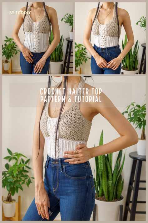 Unleash your creativity and bring your wardrobe to life with our amazing collection of crochet patterns! Whether you're a seasoned pro or just starting out, our step-by-step instructions make it easy to create stunning garments that are truly one-of-a-kind. Get ready to crochet your way to fashion greatness! ✨💕 #CrochetPatterns #DIYFashion #StayCozyAndStylish Crochet Criss Cross Halter Top, Crochet Stretch Triangle Halter Top, Fitted Crochet Lace Halter Crop Top, Crochet Caged Halter Top, Festival Crochet Lace Cropped Halter Top, Crochet Halter Top Pattern, Halter Top Pattern, Ombre Yarn, Crochet Halter