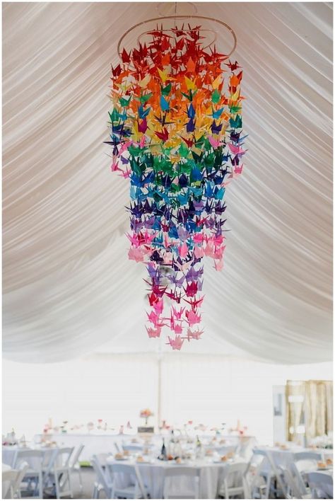 Origami Crane Chandelier, Crane Mobile Origami, Paper Crane Chandelier, Paper Crane Ceiling, Paper Crane Installation, Hanging Paper Birds, Origami Crane Hanging, Paper Crane Wedding Decor, Hanging Paper Cranes