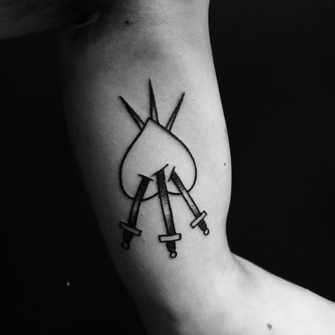 Three of Swords - reverse meaning  Tattooed by Noelle LaMonica Divine Machine Tattoo 3 Of Swords Reversed Tattoo, Three Of Swords Reversed Tattoo, Three Swords Tattoo, 3 Of Swords Tattoo, Three Of Swords Tattoo, Divine Tattoos, Swords Tattoo, Three Of Swords, Tarot Tattoo