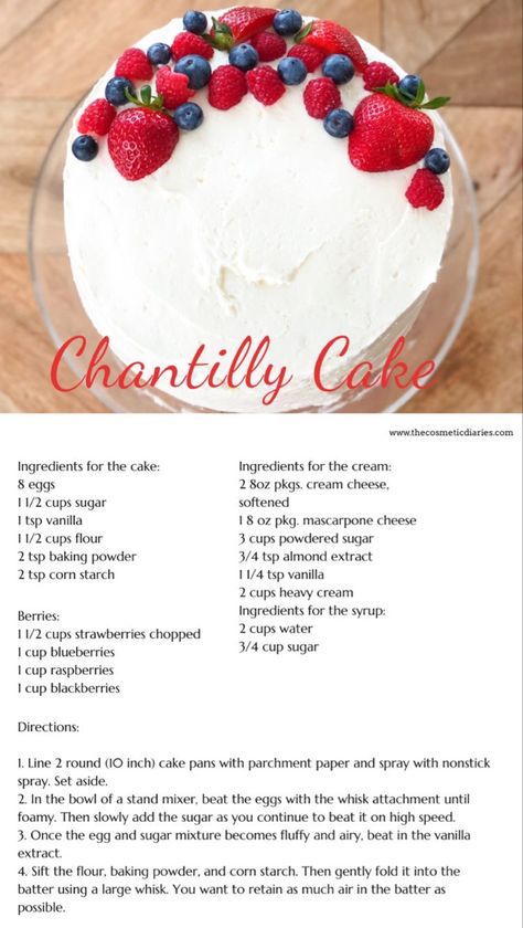 Chantilly Cheesecake Recipe, Chantilly Cake Recipe, Marscapone Cheese, Berry Chantilly Cake, Chantilly Cake, Chantilly Cream, Mini Treats, Almond Extract, Cake Making