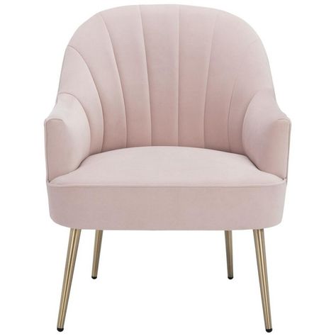 A vintage classic reimagined for today’s chic interiors, this Areli Accent Chair is the epitome of elegance. Areli’s Art Deco inspiration is beautifully displayed in channel-tufted light pink velvet that perfectly enhances its dramatically contoured silhouette, while tapered gold metal legs give a glimmering, glamorous touch. Care Instructions: Spot or Wipe Clean Pink Accent Chair, Pink Vanity, Art Deco Inspiration, Natural Living Room, Upholstered Accent Chairs, Vanity Chair, Mid Century Armchair, Kids Seating, Chic Interior