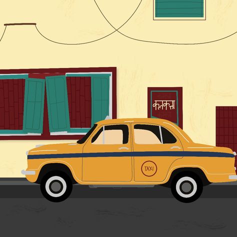 Kolkata Street Illustration, Kolkata Aesthetic Art, Kolkata Taxi Illustration, Kolkata Tram Illustration, Kolkata Illustration Art, Kolkata Illustration, Bengal Aesthetic, Taxi Drawing, Kolkata Aesthetic