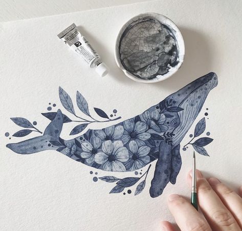 Floral Whale Tattoo, Whale Art, Illustration Character, Watercolor Inspiration, Illustration Character Design, Watercolor Animals, Whales, 그림 그리기, Watercolor Illustration