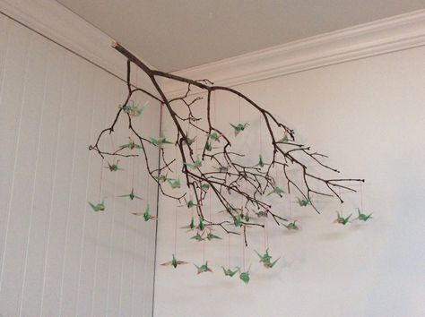 Paper Crane Nursery, Origami Crane Art, Origami Restaurant, Paper Crane Hanging, Paper Crane Mobile, Origami Heart With Wings, Hanging Origami, Mobile Kids, Origami Decor