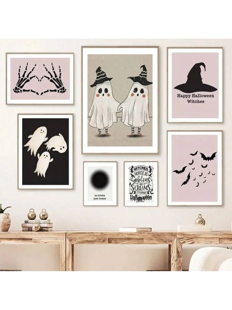 1pc Pink Halloween Witchy Gothic Ghost Skeleton Wall Art Canvas Painting Nordic Posters And Print Wall Picture For Living Room Decor Frameless Multicolor Scandinavian   Canvas Animal Unframed Painting   Home Decor, size features are:Bust: ,Length: ,Sleeve Length: Goth Picture Frame, Minimalistic Halloween Decor, Funny Halloween Painting, Coquette Halloween Decor, Easy Ghost Painting Canvas, Halloween Art Painting, Coquette Winter, Skeleton Wall Art, Halloween Canvas Art