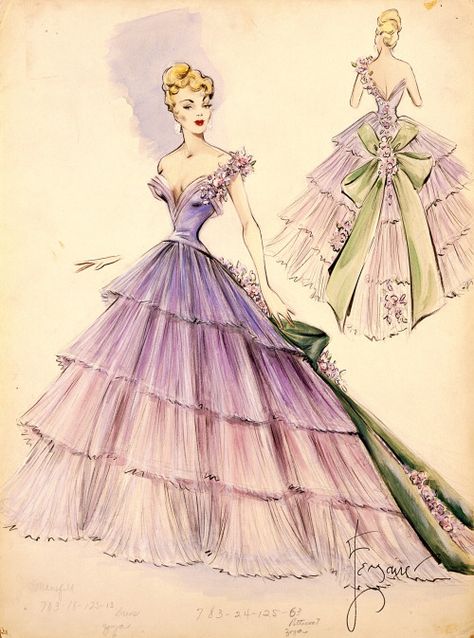 Costume design for an item worn by Jayne Mansfield in “The Girl Can’t Help It” (1956) by Executive Wardrobe Designer Charles LeMaire Jane Mansfield, Vintage Fashion Sketches, Fantastic Dress, Hollywood Costume, Jayne Mansfield, Fashion Illustration Vintage, Fashion Drawing Dresses, Vintage Dress Patterns, Dress Design Sketches