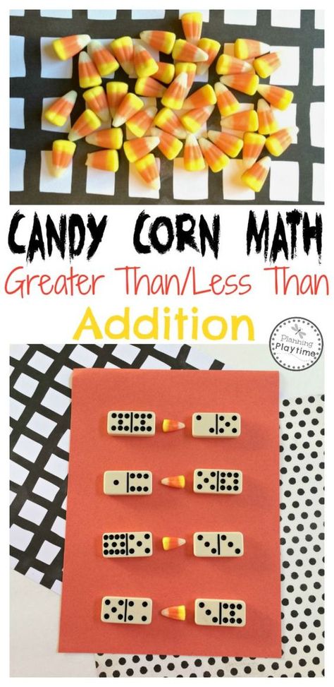 Candy Corn Math Activity - greater than/less than.    "We used dominoes from the game cupboard for this project. The dominoes also allowed us to do two different kinds of math. First, addition. The kids get to add up the two sides of each domino to find out how many dots they have all together. Second, we used our cute candy corns as a greater than less than symbol to compare two different dominoes.  It covers subitizing, counting, adding, and comparing numbers. If you wanted to adapt this i... Candy Corn Math, Halloween Math Games, Halloween Math Activities, Math Night, Greater Than Less Than, Fall Math, Math Intervention, Halloween Math, Math Game