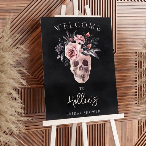 Floral Skull Halloween Bridal Shower Welcome Sign Welcome Sign Halloween, Scary Halloween Invitations, Elegant Halloween Party, Halloween Party Design, Halloween Bridal Showers, Gothic Wedding Theme, Skeleton Flower, Spooky Chic, Chic Bridal Showers