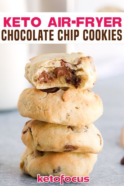 If you haven’t tried making keto chocolate chip cookies in the air fryer you're missing out! Using the air fryer toasted the outside of the cookie to a perfect golden brown while leaving the inside gooey and but baked to perfection. This easy keto cookie recipe is one that you can make up ahead of time and bake when those cookie cravings hit! | KetoFocus @ketofocus #ketochocolatechipcookies #ketoairfryercookies #ketosnacks #easyketocookies #ketochristmascookies #ketochristmasdesserts #keto Air Fryer Chocolate Chip Cookies, Air Fryer Recipes Keto, Air Fryer Recipes Low Carb, Keto Air Fryer, Keto Cookie Recipes, Keto Chocolate Chip Cookies, Chocolate Chip Cookies Recipe, Keto Chocolate Chips, Keto Brownies