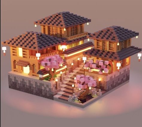 Minecraft Houses Acacia Biome, Japanese Onsen Minecraft, Sakura Build Minecraft, Japanese City Minecraft, Minecraft Asian Village, Asian House Minecraft, Solarpunk Minecraft, Minecraft Asian Builds, Minecraft Mansion Ideas