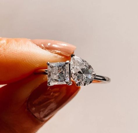 Toi Et Moi Princess And Pear Cut Moissanite Engagement Ring, Emily Ratajkowski Celebrity Ring Emily Ratajkowski Wedding, Double Diamond Engagement Ring, Celebrity Engagement Ring, Diamond Engagement Ring Gold, Celebrity Wedding Rings, Fiance Ring, Celebrity Rings, Engagement Ring Gold, Diamond Ring Princess Cut