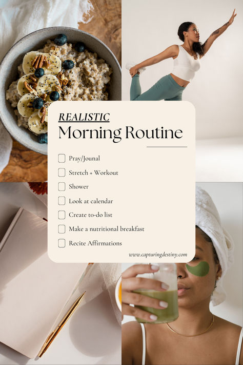 Start your day off right with this realistic morning routine! From prayer and journaling to a stretch + workout, shower, and making a nutritious breakfast, these steps will help you feel energized and organized. Set yourself up for success with a thoughtful to-do list and empowering affirmations. #MorningRoutine #SelfCare #HealthyHabits #Productivity #Wellness Morning Routine For Success, Realistic Morning Routine, Ideal Morning Routine, Morning Routine Aesthetic, Early Morning Workout, Productive Morning Routine, Stretch Workout, Empowering Affirmations, Feel Energized