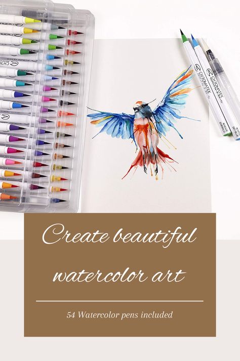 54 Watercolor Pens, 15 Page Pad & Online Video Tutorial Series by Chromatek. Real Brush Pens. 4 Blending Brushes. Easily Blendable. Vivid. Smooth. 50 Unique Colors. Professional Art Supplies. Watercolor Pens, Professional Art Supplies, Brush Pens, Pen And Watercolor, Professional Art, Awesome Art, Brush Pen, Pen Sets, Watercolour Painting