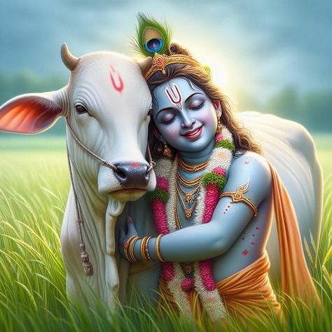 Lord Krishna With Cow, Images Of Cows, Krishna With Cow, Krishna Consciousness, Cow Drawing, Ganesh Art Paintings, Animal Caricature, Krishna Hd, God Tattoos