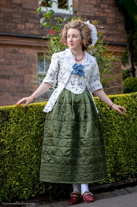 American Duchess: 1780-81 The Glasgow Polonaise Sacque Jacket - Done! American Duchess Shoes, 18th Century Jacket, 1700s Fashion, 18th Century Gown, Trip To Scotland, Embroidered Stockings, American Duchess, Historical Shoes, Victorian Shoes