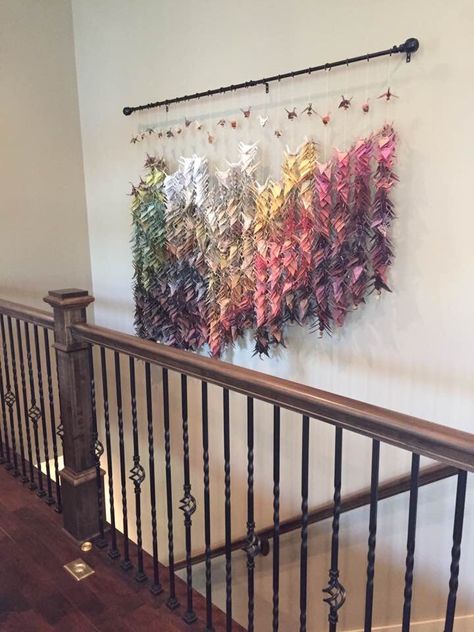 Folded 1001 paper cranes for this wall art! Paper Crane Display Ideas, Paper Crane Wall Art, 1000 Origami Cranes Display, Origami Crane Wall Art, 1000 Paper Cranes Display, 1000 Cranes Display, Origami Crane Art, Paper Crane Decor, Origami Crane Decoration