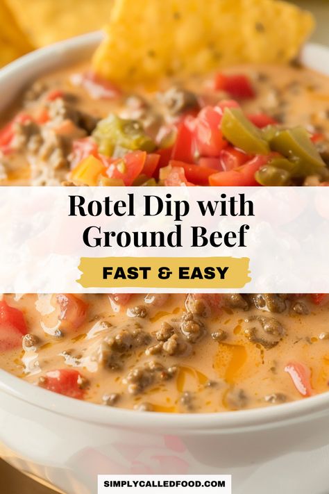 Try this rotel dip with ground beef recipe that brings together spicy and hearty flavors for the best appetizer. This simple, fast, easy and quick dish is perfect for gatherings, made effortlessly in a crockpot, on the stove, or in an instant pot. The combination of Velveeta, cream cheese, and sausage creates a creamy texture that everyone will love. Make this homemade dip for your next dinner recipe. Check out this rotel dip with ground beef recipe and more dip recipes at SimplyCalledFood.com. Hormel Chili Cheese Dip With Rotel, Crockpot Rotel Dip, Rotel Dip With Ground Beef, Rotel Dip Crockpot, Cream Cheese And Sausage, Dip With Ground Beef, Hamburger Dip, Velveeta Rotel, Velveeta Cheese Dip