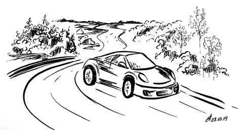 Car On Road Drawing, Drawing Of Car, Drive Drawing, Road Drawing, Fast Drawing, Inktober 2024, Landscape Architecture Drawing, Lino Prints, Car Driving