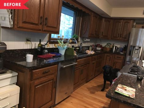 Credit: Chantal Credit: ChantalOne word to describe this 1970s kitchen? Brown. Very, very brown.Homeowner Chantal loved that her 1970s ranch was untouched when she purchased it, and she liked the retro vibe of the wood paneling on the walls. But, she says, “there was just too much brown in the kitchen.” Brown floors, brown cabinets, dark black-and-brown speckled counters … together, it made the room feel extra dark. Credit: Chantal Credit: Chantal“There was also a bank of 1970 Kitchen, Dark Brown Kitchen, Kitchen Brown, Dark Brown Cabinets, 1970s Kitchen, Kitchen Diy Makeover, Dark Wood Cabinets, Brown Cabinets, Diy Kitchen Renovation