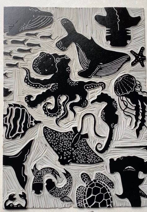 Underwater Sea Creatures, Print Making Designs, Print Lino, Linoleum Print, Linocut Printmaking, Lino Art, Underwater Sea, Print Block, Linocut Art