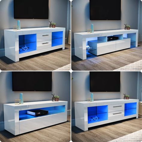 High Gloss TV Stand Cabinet Unit with RGB LED Lights Sideboard Storage Cupboard | eBay Living Room Furniture Inspiration, Room Cupboard, Living Room Cupboards, Tv Stand Kitchen, Bed Designs With Storage, Stylish Living Room Furniture, Kitchen Window Design, Square Mirrors, Stylish Room Decor