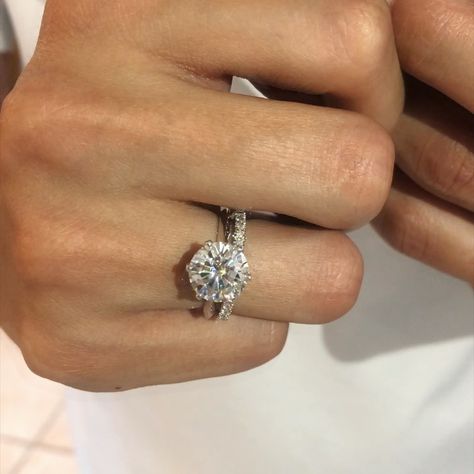 Raven Fine Jewelers on Instagram: “A timeless classic - tiffany-inspired six prong knife edge solitaire set with a 3.50 carat round #Moissanite paired with a delicate diamond…” Solitaire Setting, Fine Jewels, Timeless Classic, Instagram Profile, Fine Jewelry, Engagement Rings, Photo And Video, Instagram