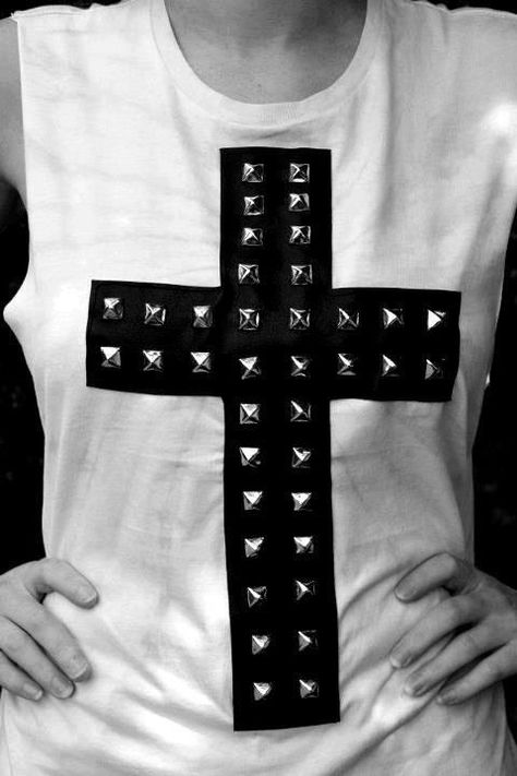 Cross Tank Studs And Spikes, Sign Of The Cross, Cross Shirts, Digital Closet, Black Cross, Pastel Goth, Edgy Fashion, Diy Fashion, Spring Summer Fashion