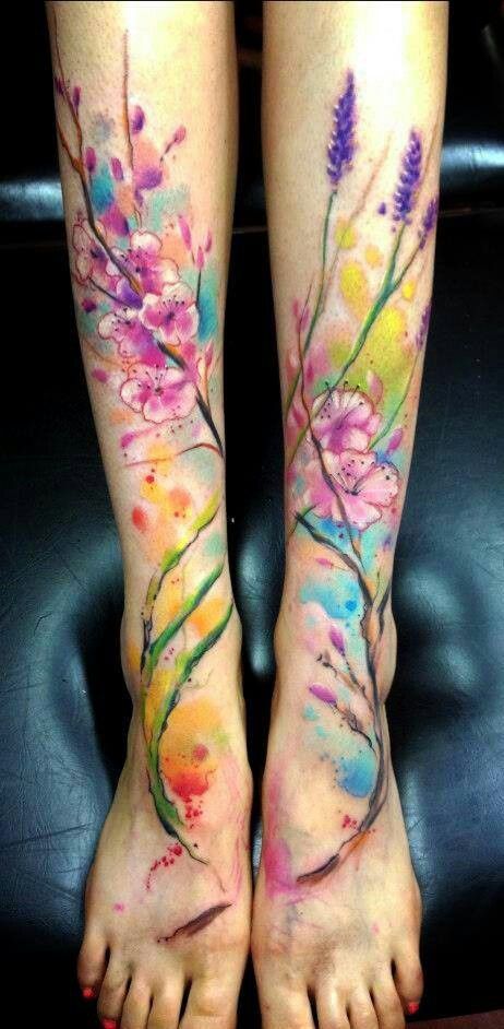 cherry blossoms and lavender with colorful background- love this style of tattoo rendering, wonder what artist around here could actually do that or even be willing? :/ People With Tattoos, Watercolour Tattoos, Cactus Tattoo, Tattoo Trend, Amazing Tattoos, Geniale Tattoos, Cherry Blossom Tattoo, Blossom Tattoo, Tattoo Desings