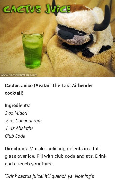 Anime Themed Cocktails, Anime Cocktails, Ghibli Drink Recipes, Avatar The Last Airbender Food Recipes, Drink Cactus Juice Sokka, Avatar The Last Airbender Themed Snacks, Zelda Botw Elixir Recipes, Avatar The Last Airbender Cactus Juice, Homemade Recipes Dessert