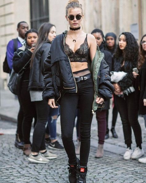 Josephine Skriver | Street Style - Paris Fashion Week F/W 2017. Josephine Skriver Style, Leather Jacket Street Style, Music Inspired Fashion, Josephine Skriver, Paris Fashion Week Street Style, Lace Outfit, Victoria Secret Fashion, Street Outfit, Just Run