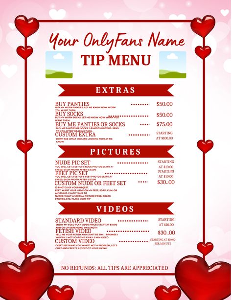 Want to upgrade your tip menus but do not know how. Look no further. Super easy to edit.  This is a digital download you edit the templet in Canva for your OF. You do not need to have the paid version the free version of Canva is perfect. Edit and download as many times as you want! ⭐ How it works is you will receive an email that comes in a pdf form with instructions and the templet link. Or look in your purchase history of etsy and download from the link ⭐ After you download, upload to Canva: ⭐ You can add your favorite photo to the photo rectangle, add things, change information, add color, etc  ⭐ After you have made all changes. Download your file and upload to OF or send to your clients. 💋 Not sure how to design? I can create the whole file for you and send the completed one. Send me Tip Menu Ideas, Findomme Tips, Accountant Life, Sugarbaby Lifestyle Tips, Self Employed Jobs, Social Media Marketing Planner, Social Media Content Strategy, Social Media Content Planner, Funky Fonts