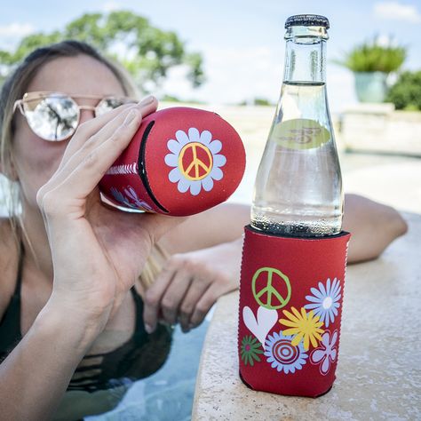 Full color can coolers with printing on the bottom! Customizable from Gracious Bridal. 60s Themed Party, 70's Party, Colorful Drinks, Color Party, Counter Culture, Peace Signs, Class Reunion, Can Coolers, Dry Hands