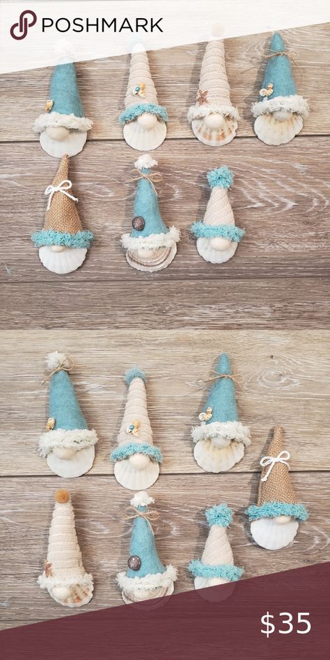 Seashell gnome ornaments Homemade Sea Shell Christmas Ornaments, Shell Ornaments Diy Seashell Crafts, Beach Theme Ornaments Diy, Beach Gnomes Diy How To Make, Coastal Christmas Crafts Diy, Shell Christmas Ornaments Diy Seashell Crafts, Ornaments With Shells, Beach Theme Christmas Tree Ornaments Diy, Sea Shell Ornaments Diy Coastal Christmas