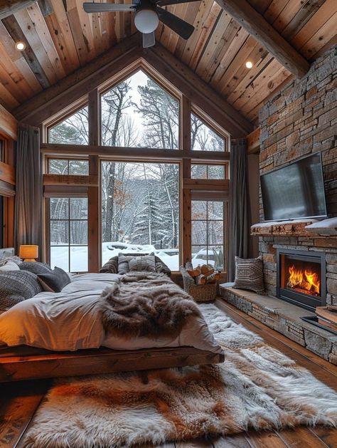 Mountain House Bunk Room, Bedroom With Porch Master, Mountain Cabin Aesthetic Bedroom, Cozy Cabin In The Mountains, Colorado Cabin Aesthetic, Cabin In Woods Aesthetic, Mountain House Interior Design, Luxury Winter Cabin, Cabin House Aesthetic