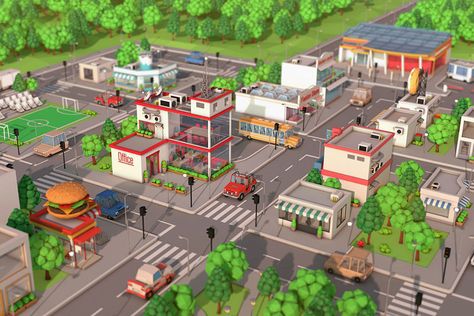 Low Poly City, Cartoon City, Park Square, Banks Building, City Cartoon, 3d Architecture, Hotel Building, Drawing Cartoon Characters, Low Poly Art