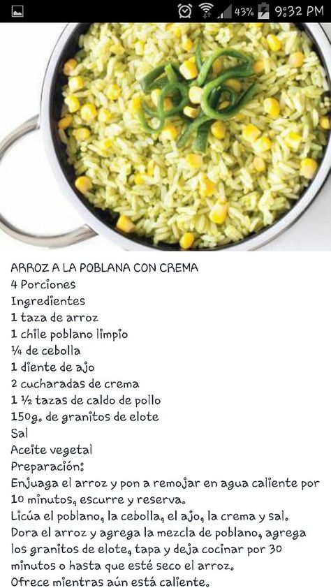 Arroz a la poblano con crema Mexican Salsa Recipes, Hispanic Kitchen, Rice Side Dishes, Mexican Rice, Mexican Cooking, Mexican Food Recipes Easy, Lunch Recipes Healthy, Mexican Food Recipes Authentic, Chicken Dinner Recipes