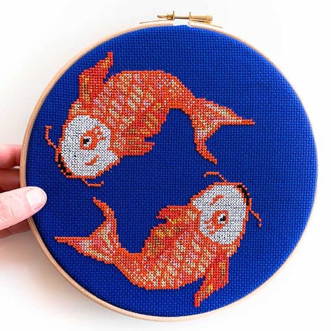 Animal Cross Stitch Kits | Studio Koekoek | Modern Embroidery Koi Fish Cross Stitch, Fish Cross Stitch, Cat Cross Stitches, Animal Cross Stitch, Wooden Embroidery Hoops, Butterfly Cross Stitch, Stitch Gift, Custom Cross, Dmc Embroidery Floss