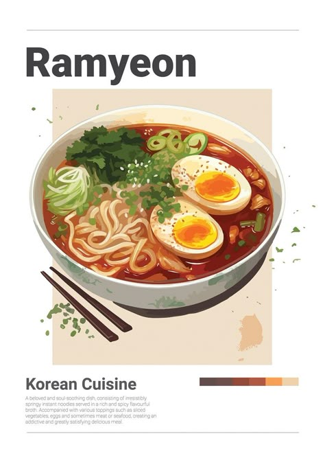 Ramen Poster Design, Ramen Painting, Korean Ramyeon, Korean Food Poster, Noodle Poster, Korean Cold Noodles, Ramen Poster, Kimchi Ramen, Kimchi Jjigae