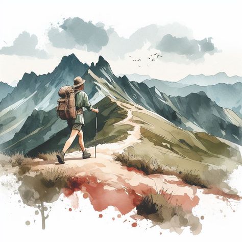 Mountain Hiking Drawing, Mountain Climbing Aesthetic, Hiking Watercolor, Hiking Sketch, Hiking Painting, Backpacking Pictures, Hiking Illustration, Hiking Art, Verse Poster