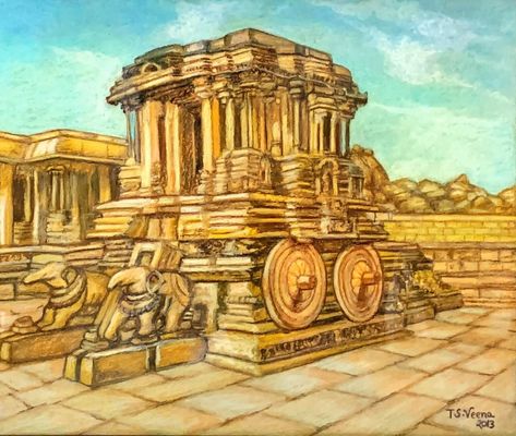 Hampi Paintings, Karnataka Culture, Temple Painting, Simple Building, Hampi, City Drawing, Colored Pencils, Monument, Temple