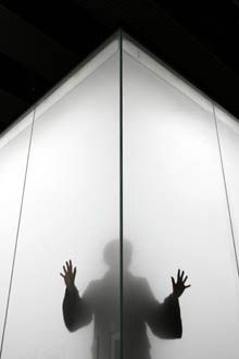 A Hayward gallery worker stands inside Blind Light, a reinforced glass box installation by British artist Antony Gormley, in London on Tuesday. Box Installation, Hayward Gallery, Antony Gormley, Art Exhibit, Glass Box, Scene Design, Glass Boxes, British Art, Light Installation