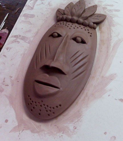 Hand built clay Ceramic African Masks, African Clay Mask, Clay African Masks, African Clay Art, Ceramic Masks Ideas, Slab Pottery Ideas, Clay Mask Art, Hand Built Clay, Ceramic Masks