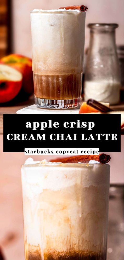 This iced apple crisp nondairy cream chai latte is made with velvety oat milk and a sweet spiced chai tea concentrate. It has the best dairy-free sweet cream on top flavored with a homemade apple brown sugar syrup. This Starbucks copycat chai latte is vegan, dairy free and so delicious. It's the perfect fall drink. Starbucks Iced Apple Crisp Nondairy Cream Chai, Spiced Apple Tea Starbucks, Chai Tea With Oat Milk, Iced Apple Crisp Cream Chai, Dairy Free Chai Tea Latte, Fall Iced Latte Recipes, Apple Crisp Non Dairy Chai, Starbucks Iced Apple Crisp Chai, Maple Chai Tea Latte